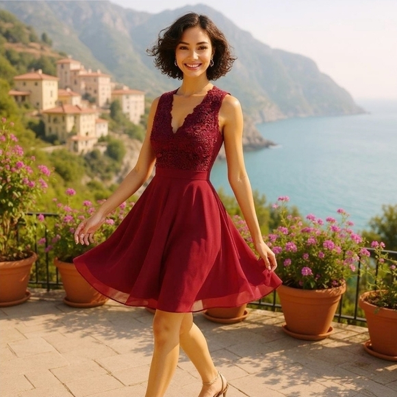 Lulus ✦ Burgundy Lace Skater Dress ✦ Crocheted Bodice w/ Chiffon Open-Back Skirt - Picture 12 of 16